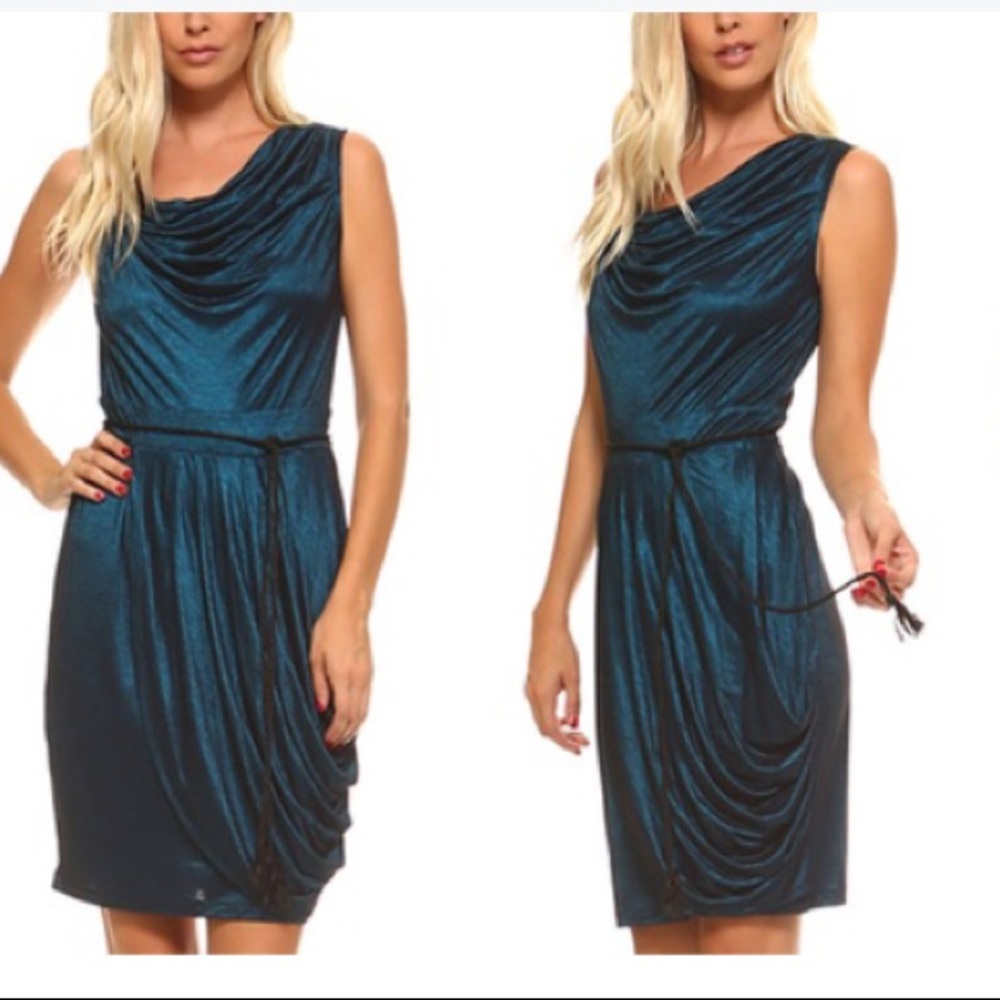 Navy Blue Shimmering Draped Party Dress